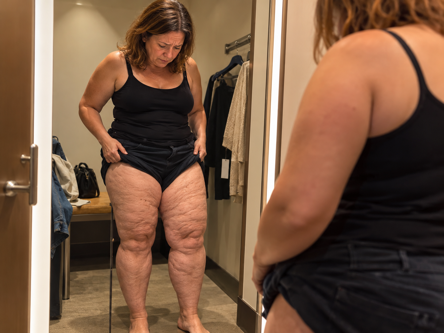 Mujer en el probador mirando sus piernas